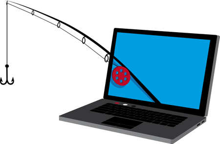 Fishing rod sticking out of a laptop as a metaphor for phishing fraud, EPS 8 vector illustrationのイラスト素材