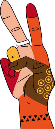 Human hand flashing a peace sign covered with multi color design representing different racial and gender group as a metaphor for diversityのイラスト素材