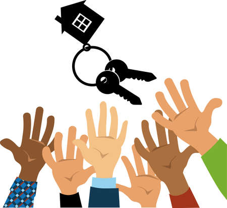 Many people reaches for new home keys representing a bidding war for propertyのイラスト素材