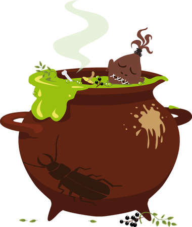 Halloween witch brew in a cauldron with a shrunken head and other creepy ingredientsのイラスト素材