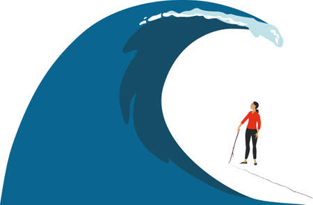 Woman drawing a line in front of a tsunami wave, setting boundaries, EPS 8 vector illustration
