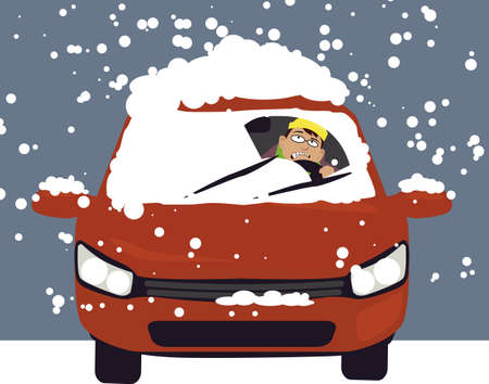 Person driving a car in a winter storm, with a windshield covered in snow, EPS 8 vector illustrationのイラスト素材