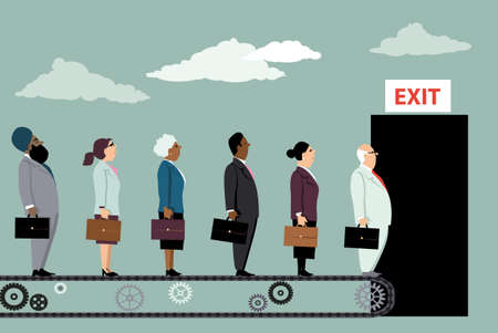 Employees on a conveyor belt leaving their jobs as a metaphor for great resignation, EPS 8 vector...