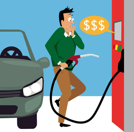 Man shocked by gas prices at the fueling pump, EPS 8 vector illustrationのイラスト素材
