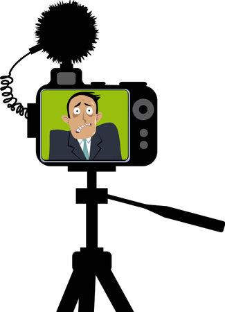 Extremely stressed person suffering from camera anxiety shown on a display screen of a DSLR photo camera, taking video, EPS 8 vector illustrationのイラスト素材