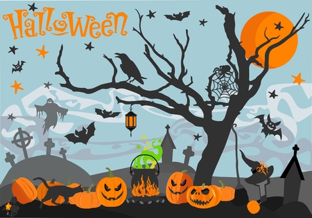 Happy Halloween Illustrations: pumpkin, ghost, star, spider, bat, moon, cemetery, cross, crow, hat, broom, cauldron, wood, cat.のイラスト素材