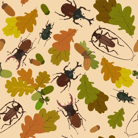 Seamless pattern with beetles, acorns, oak leaves.のイラスト素材