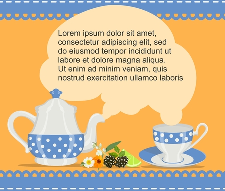Colorful illustration with teapot, cup, fruits.のイラスト素材