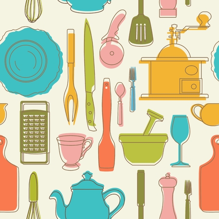 Seamless pattern with color kitchen utensils. Vector illustration.のイラスト素材