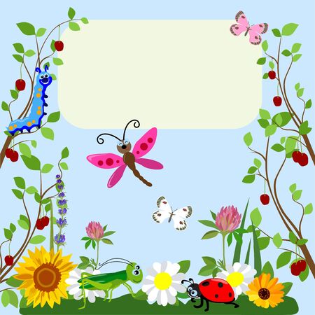 Funny cartoon insects with a place for an inscription on a background of green grass and flowers.のイラスト素材