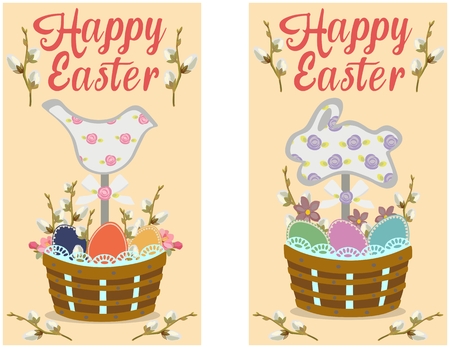 Greeting card with lettering and the Easter symbols. Vector illustrationのイラスト素材