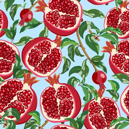Seamless pattern with ripe pomegranates and leaves. Vector illustrationのイラスト素材