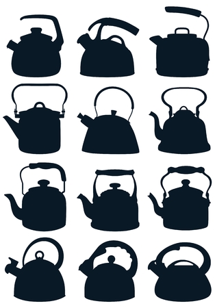 Set of dark silhouettes of kettles for plate. Vector illustration.のイラスト素材