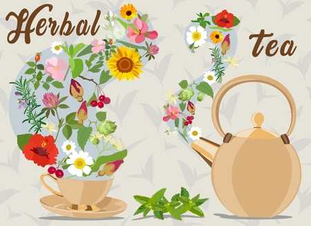 Picture with herbal supplements for tea and inscription. Vector illustration.のイラスト素材