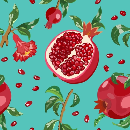 Seamless pattern with red garnets and leaves. Vector illustrationのイラスト素材