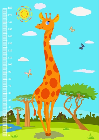Vector mural for measuring growth with a giraffe on a nature background. Suitable for children's playrooms and in the home, for schools and children's hospitals.のイラスト素材