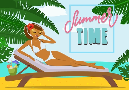 A girl by the sea on a sunbed. Vector illustration.のイラスト素材