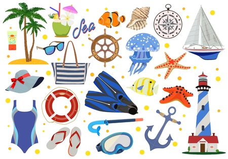 Set of paraphernalia for beach holiday and sea.のイラスト素材
