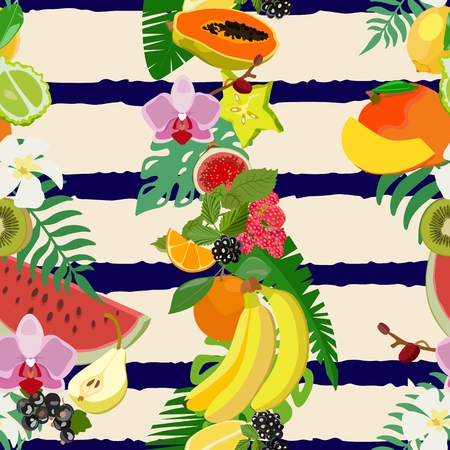 Vector bright pattern with tropical fruits and citrus slices on a light background with tropical leaves and blue stripes.のイラスト素材
