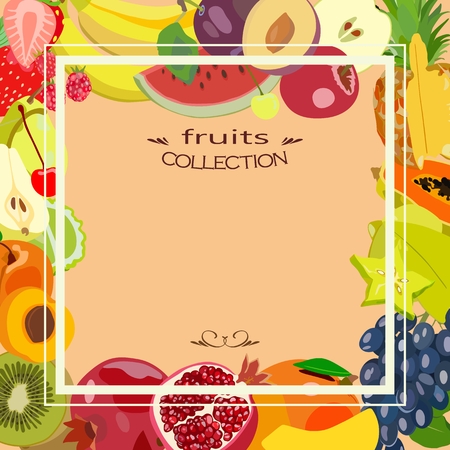 Vector drawing with different fruits and place for your text. Can be a background image for a poster, price tag, leaflets, cover design, packaging.のイラスト素材