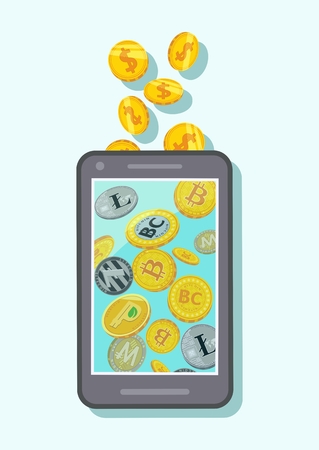 Vector mobile phone icon. Coins and e-currency: bitcoin, litcoin, percoin and monacoin on a smartphone screen, isolated on a light background in a flat style.のイラスト素材