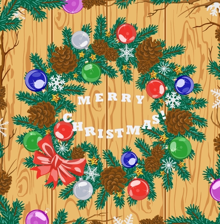 Vector greeting card with Christmas tree decoration, balls and cones, Merry Christmas text on wood texture background.のイラスト素材