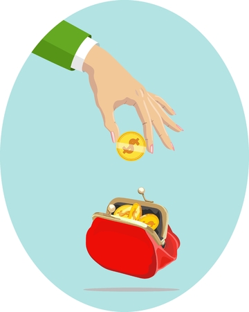 Vector image of gold coin in female hand over an unbuttoned red purse with coins. Money.のイラスト素材