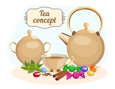 Tea set: tea pot, sugar bowl, cup of tea. Vector illustration.のイラスト素材