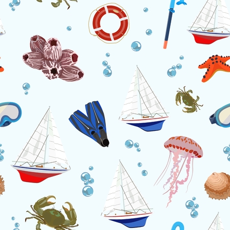 Vector pattern with sea regatta and mask, fins for diving and crab, jellyfish on light background among blue bubbles.のイラスト素材