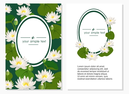 Vertical vector banners with large white lotus flowers and green leaves on green background with space for text. Illustrations are suitable for menu design, packages and covers, greeting cards and invitations.のイラスト素材