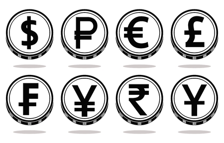 Collection of coins with black currency symbols. Vector illustrationのイラスト素材