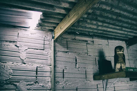 Owl protects a dilapidated home with white bricks walls and a hole in the sealing in the favela.の写真素材