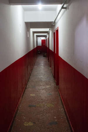 In abandoned building now occupied by social housing movement some floors were painted. In this corridor, each wood door is home for a family of the social movement. San Paolo, Brazil, South America.の写真素材
