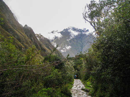 Ancient Inca Trail paved path to the lost city of Machu Picchu. Peru. South America. No peopleの写真素材