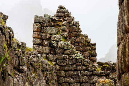 Architecture detail of Inca stone ruins at Machu Picchu. Peru. South America. No people.