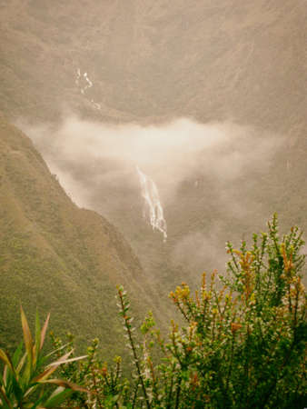 Vertical photo of flowers with waterfall and mountains with fog on the background along the Inca...