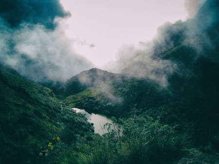 Serene lake water in the wild jungle nature of the mountains with fog along the Inca Trail. Peru. South America. No people.の写真素材