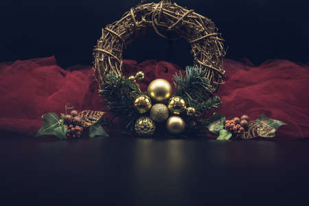 Cool holidays wallpaper background of Christmas decorations and balls or baubles on black background.の写真素材