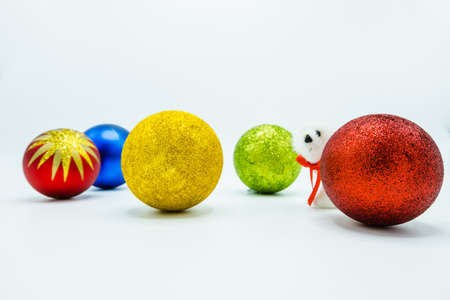 Holidays wallpaper background of Christmas tree decorations isolated on white background.の写真素材