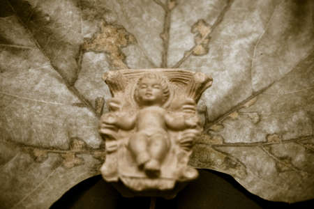 Baby Jesus Christ in the manger on a dry leaf isolated on black background. Christmas Nativity Scene...