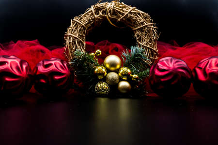 Cool holidays wallpaper background of Christmas decorations and balls or baubles on black background.の写真素材