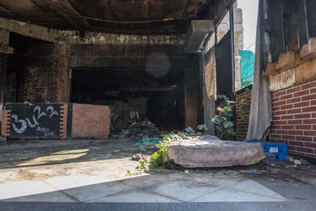 Abandoned worn interior of an old club with red brick walls full of trash with a shabby dilapidated mattress on the floor with plant over it. Sun light entering from the rotten window.の写真素材