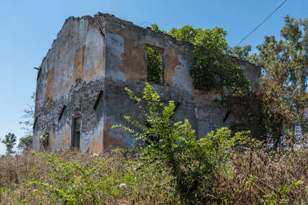 Grungy wallpaper background of worn abandoned house facade detail with wild nature on the surroundings with blue sky background. No people.の写真素材