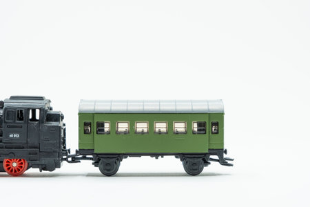 Partial view of vintage train toy on white backgroundの写真素材
