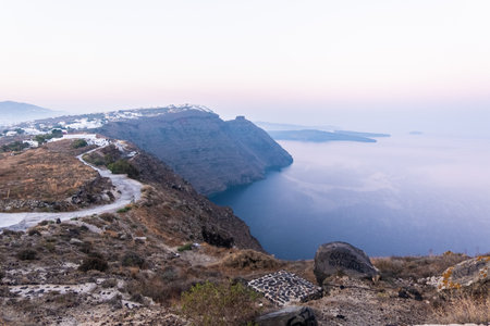 Santorini shore from the top of a mountainの写真素材