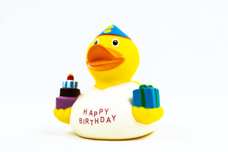 Happy birthday Duck Floating Toy with cake and giftの写真素材