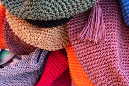 Close up of colorful caps for sale in a market in a souk in the Medina around the Jemaa el-Fnaa square in Marrakesh Moroccoの写真素材