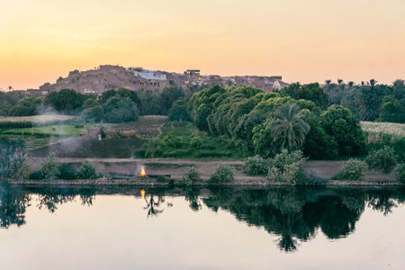 Nile River Majesty: Scenic Views from the Cruise Ship Egypt Summer Travelの写真素材