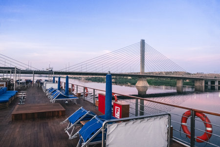 Egypt Summer Travel Nile River Luxury: Pool Deck Serenity on a Cruise Shipの写真素材