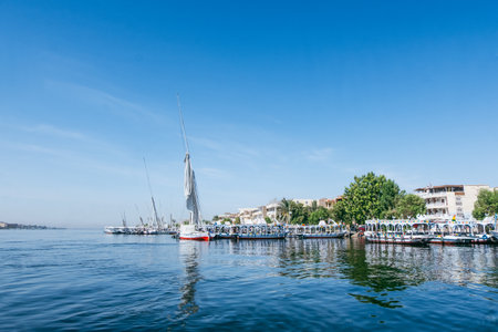 Scenic View of Luxor Port from a Small Boat Egypt Summer Travelの写真素材